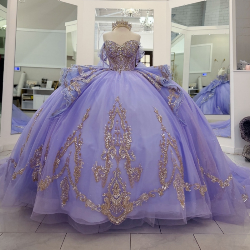 Lavender Shiny Quinceanera Dresses Off The Shoulder Gold Applique Beading Crystal Bow Tull Party Birthday Sweet 16 Dress Vestidos 15 De Anos