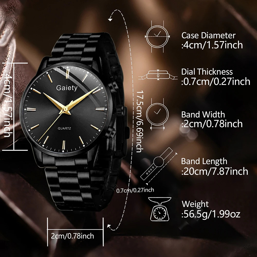 4PC Black Mens Minimalist Watch Set Business Trendy Lines Scale Round Dial Quartz Watch Bracelet Necklace Ring Set Perfect Gift 251209