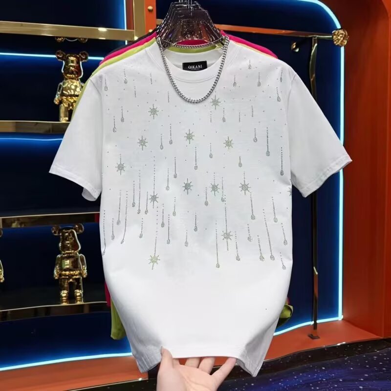 Designer Luxury Clothing 2025 Spring New Heavy Craft Light Luxury High-end Short Sleeve T-shirt Men's Top Meteor Full Diamond T-shirt Men's 