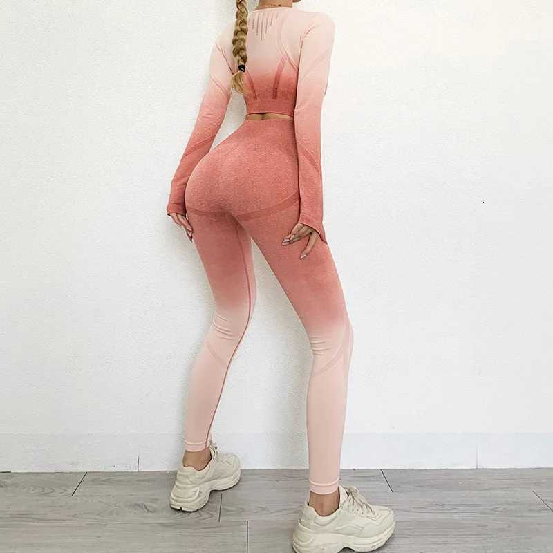 Women Solid Workout 2 Pcs Two Piece Long Sleeve Crop Top Leggings Gym Suit Outfits Fitness Sport Set Outfits Seamless Yoga SetT251211