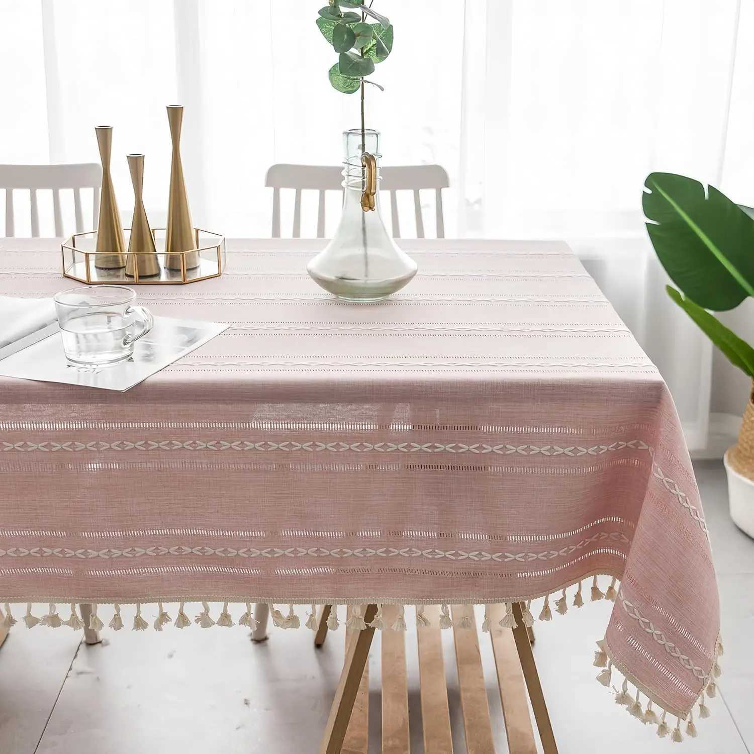 Tassel Tablecloth Pink Cotton Linen Soft Stripe Stain Resistant Dust-Proof Table Cover for Kitchen Dinning Tabletop Decoration H251211