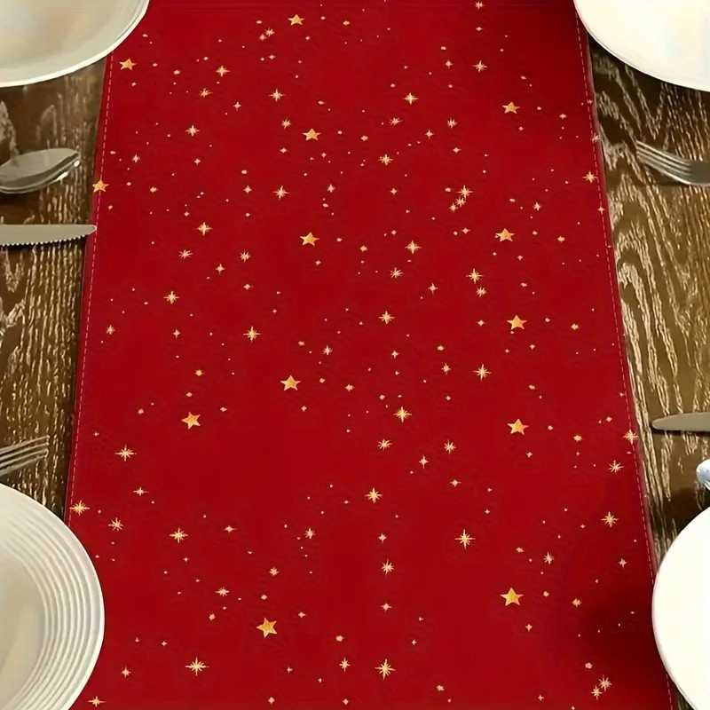 Red Golden Burgundy Christmas Table Runner White Tree Golden Stars Holiday Wedding New Year Decor H251211