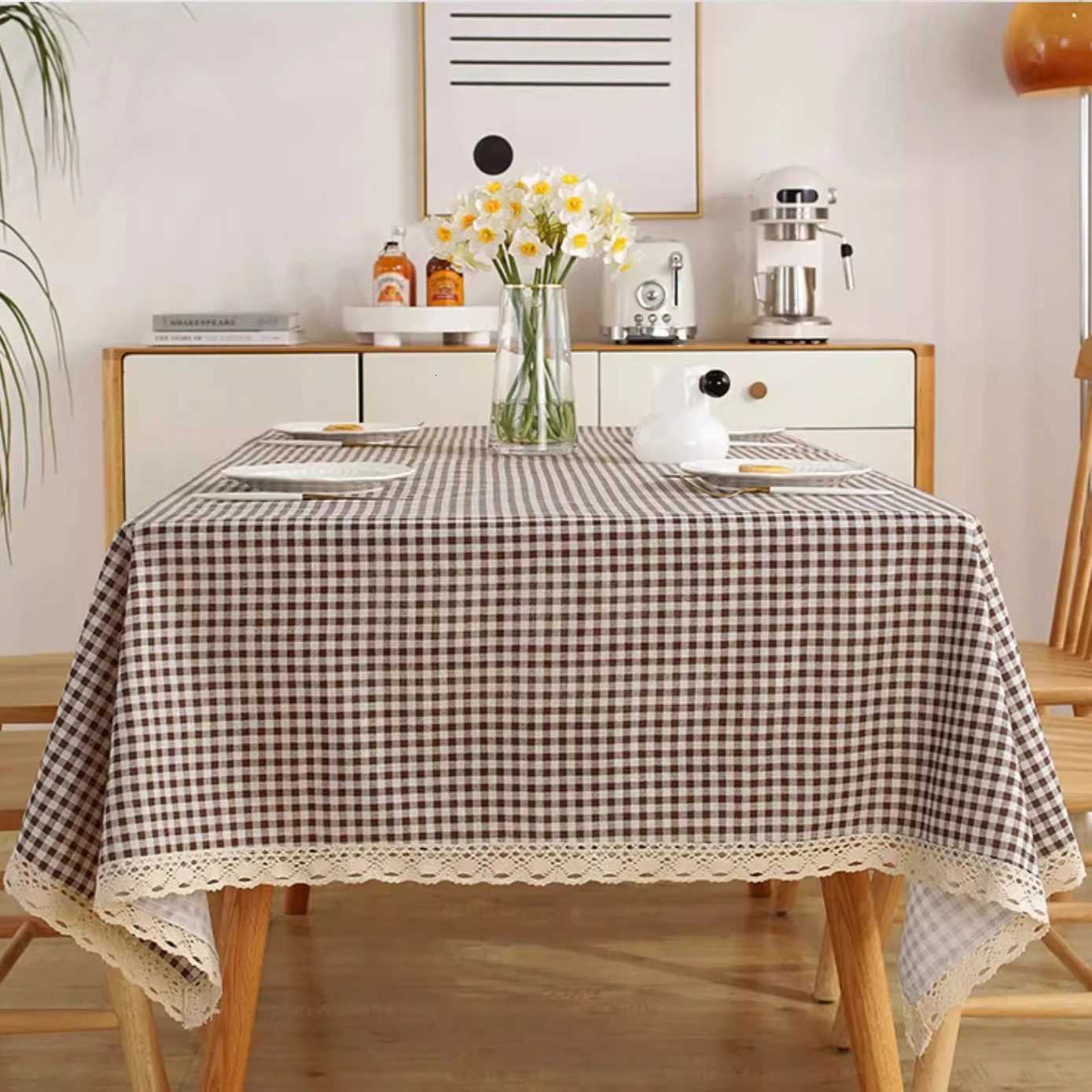 Nordic Minimst Style Coffee Grid Tablecloth with Off-White Trim Rectangular Dining Table Cover H251211