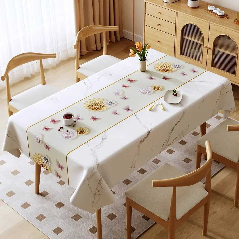 Marble Patterned Printed Tablecloth Waterproof and Oil Resistant PVC Dining Table Mat White Beige New Rectangular Table Cover H251211