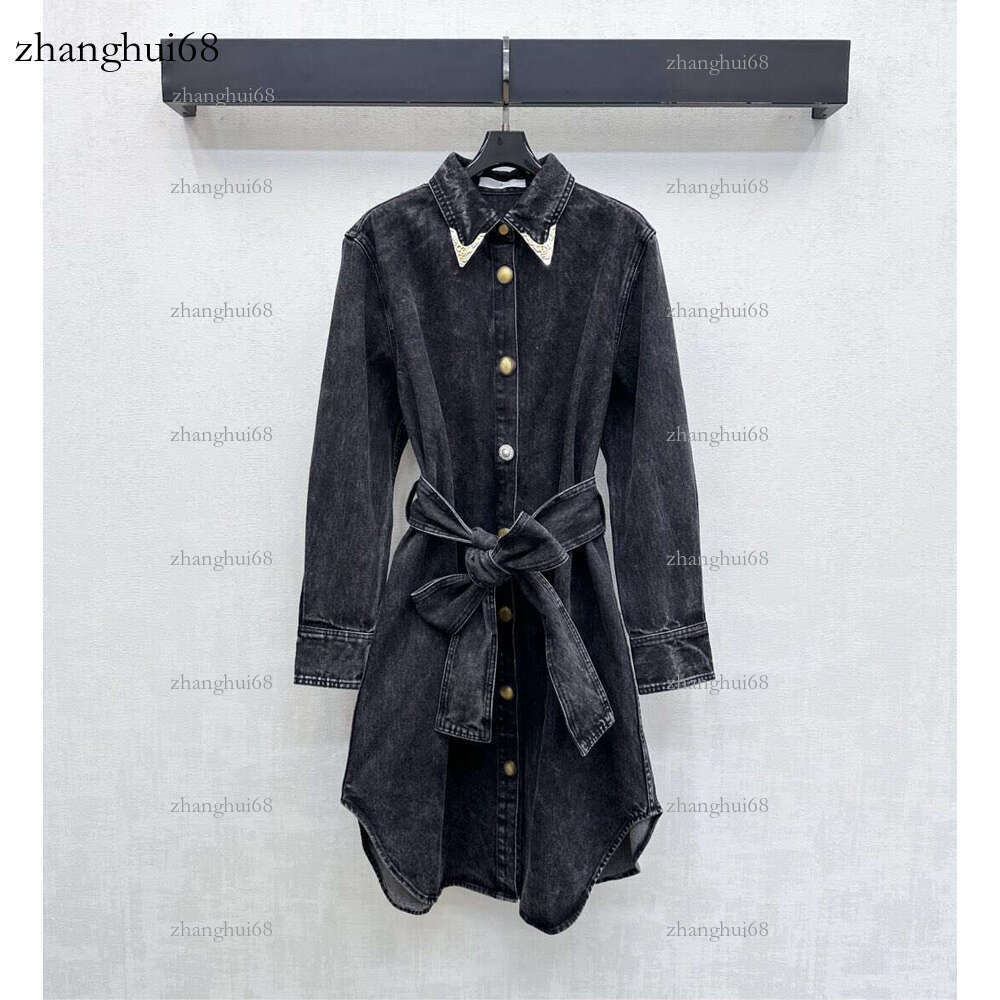 Autumn Winter Women's Dress Designer Style Rhinestone Collar Waist-Cinching Denim Fabric Mid-Length Tie Irregular Shirt Suitable for Commuting Outfits