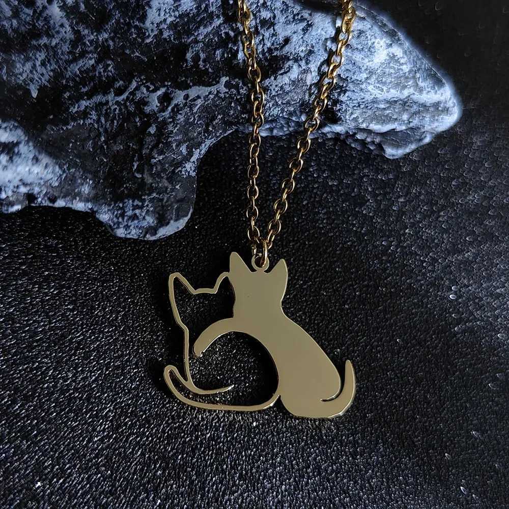 Double Cat Pattern Pendant Necklaces for Women Cute Couple Gold Choker Fine Animal Stainless Steel Jewelry Valentines Day Gifts M251211