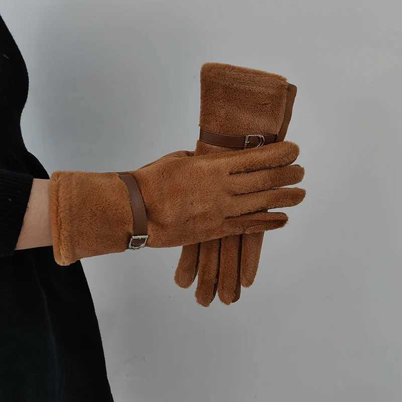 Fashion Elegant Suede Touch Screen Keep Warm Winter Women Gloves Imitate Rabbit Fur Soft Windproof Leather Buckle Soft Y251211
