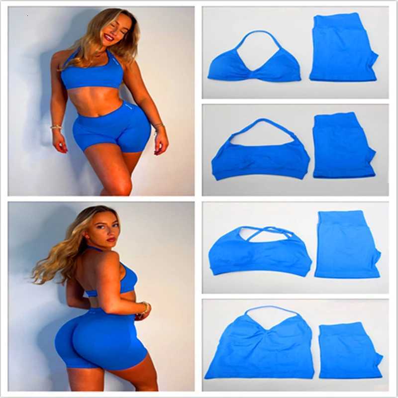 Womens Electric Blue Blossom High Stretch Top Sports Bra Shorts Set Comfortable Gym Workout Yoga Active Wear Impact OutfitT251211