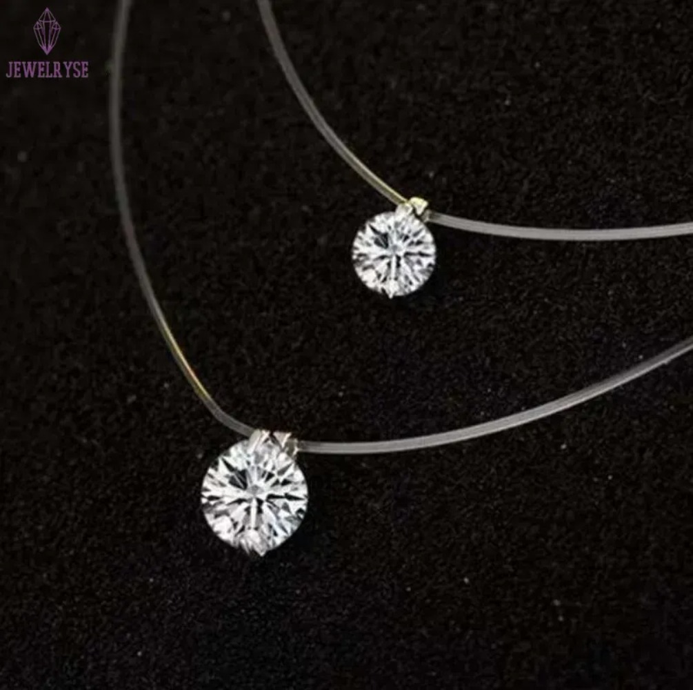 Simple Solitaire Pendant Fashion Jewelry 925 Sterling Silver Round Cut Moissanite Diamond Transparent Fishline Party Women Wedding Beach Necklace Gift