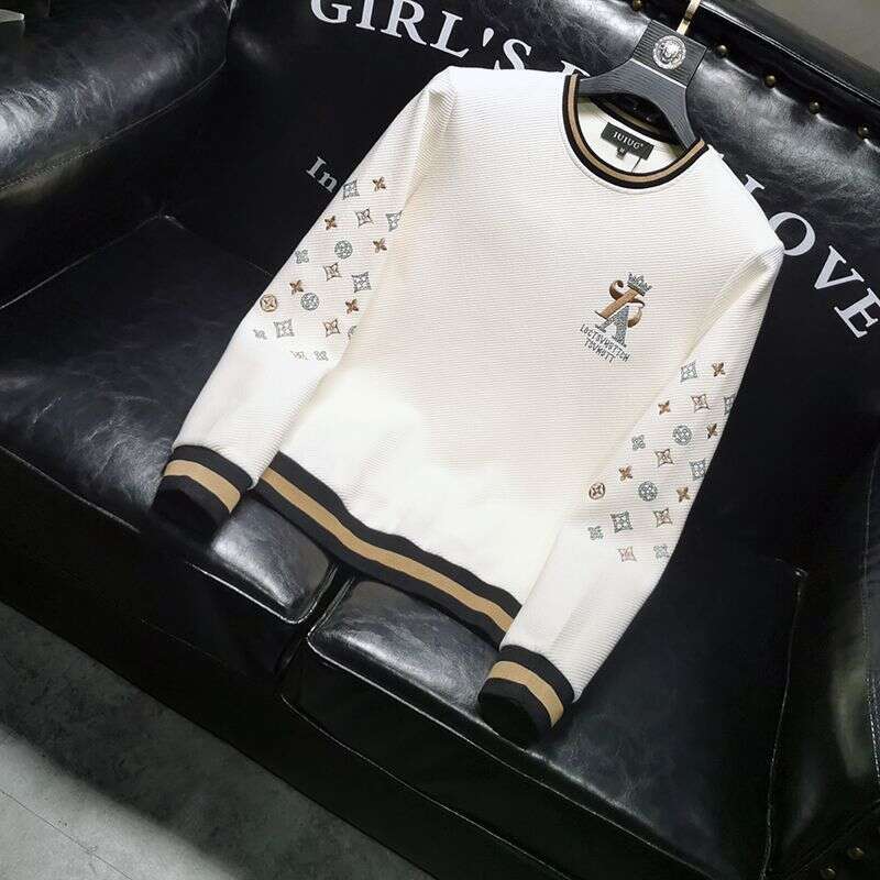 High-End Men's Sweatshirt With Letter Embroidery Rhinestones, Fashionable Long-Sleeve T-Shirt, Spring And Autumn Versatile Base Shirt, Youth Top