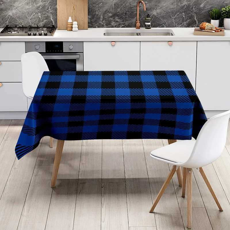 Modern Blue Black Plaid Tablecloth with Striped Design for Dining Room or Kitchen Decoration - Premium Quty Polyester Fabric H251211