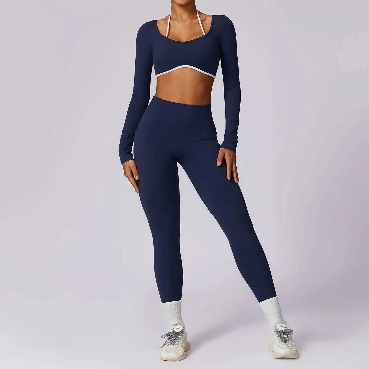 Sexy Yoga Womens 2 Pieces Gym Sports Suit Workout Clothing Long Sleeve Gym Crop Top High Waist Leggings Fitness Bra SportswearT251211
