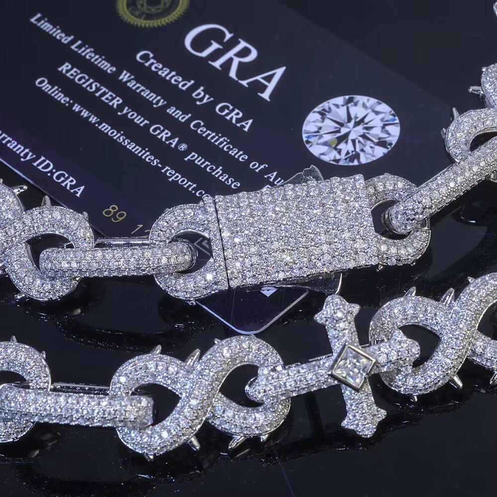 Nuoya Hip Hop 925 Silver VVS Moissanite Diamond Chain 16mm Thorns Cross Infinite Symbol Link Chain Necklace Womens Fine Jewelry