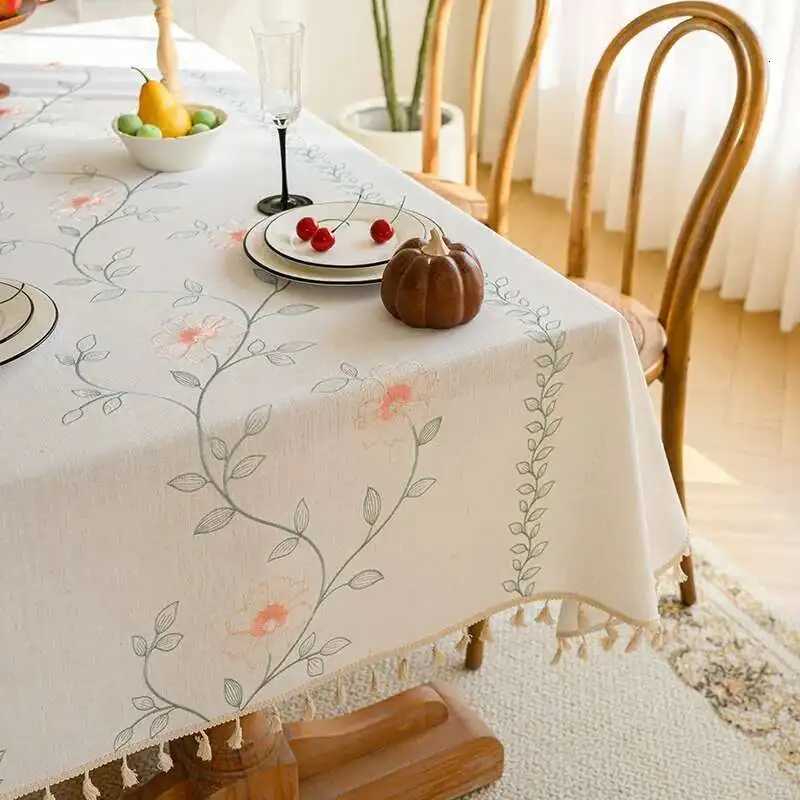Cotton Linen Fabric Tablecloth Simple and Modern Waterproof Embroidered Dining Table Cloth Tea Table Cloth H251211