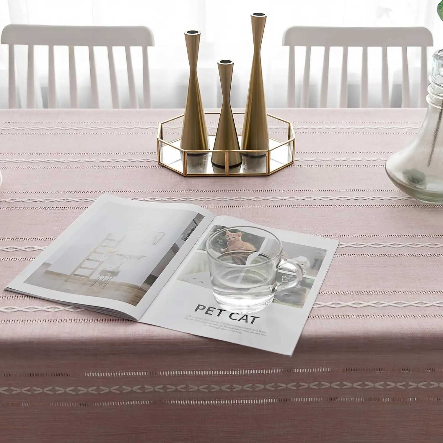 Tassel Tablecloth Pink Cotton Linen Soft Stripe Stain Resistant Dust-Proof Table Cover for Kitchen Dinning Tabletop Decoration H251211