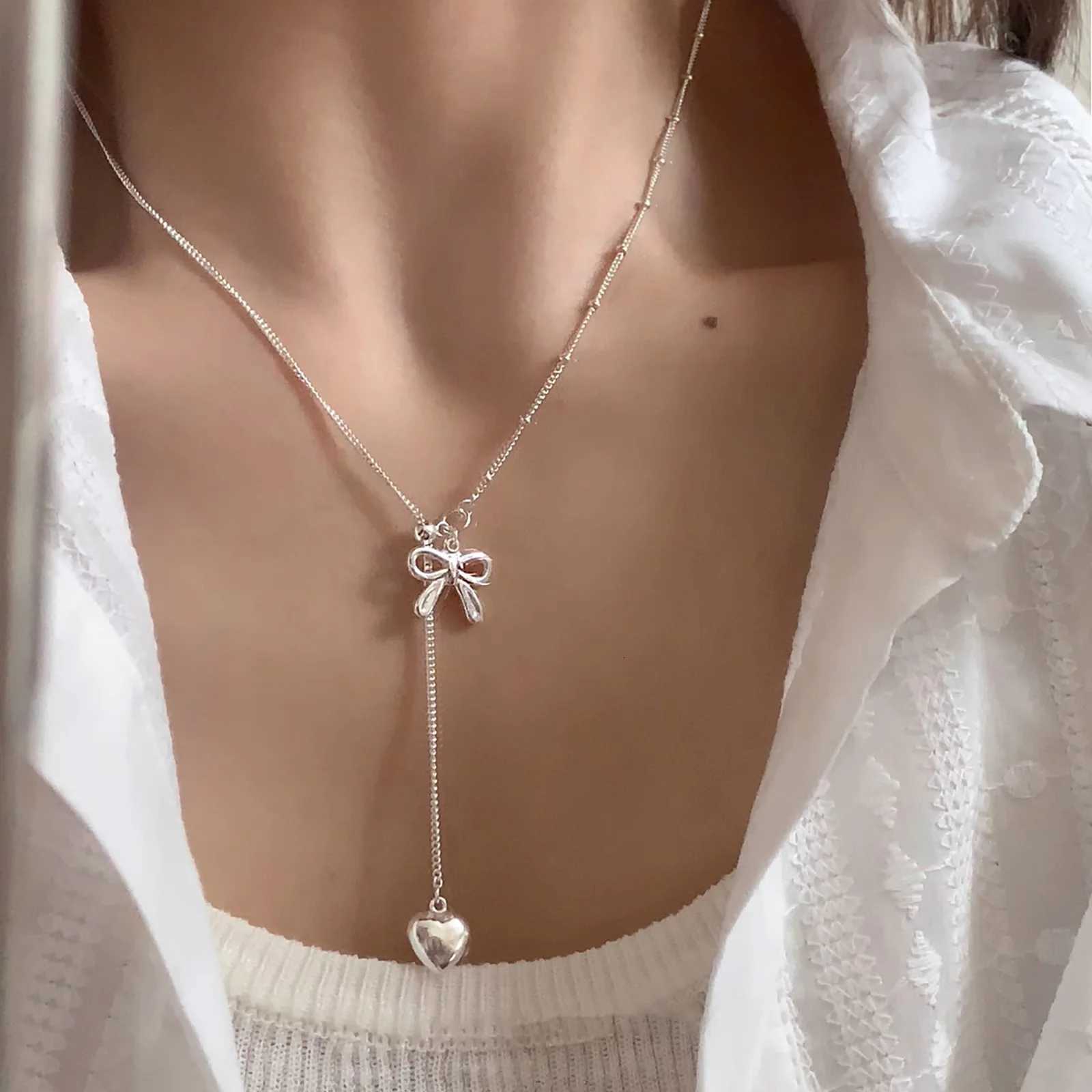 VENTFILLE 925 Sterling Silver Bowknot Necklace For Women Heart Tassels Bead Choker Adjustable Jewelry Dropshipping M251211