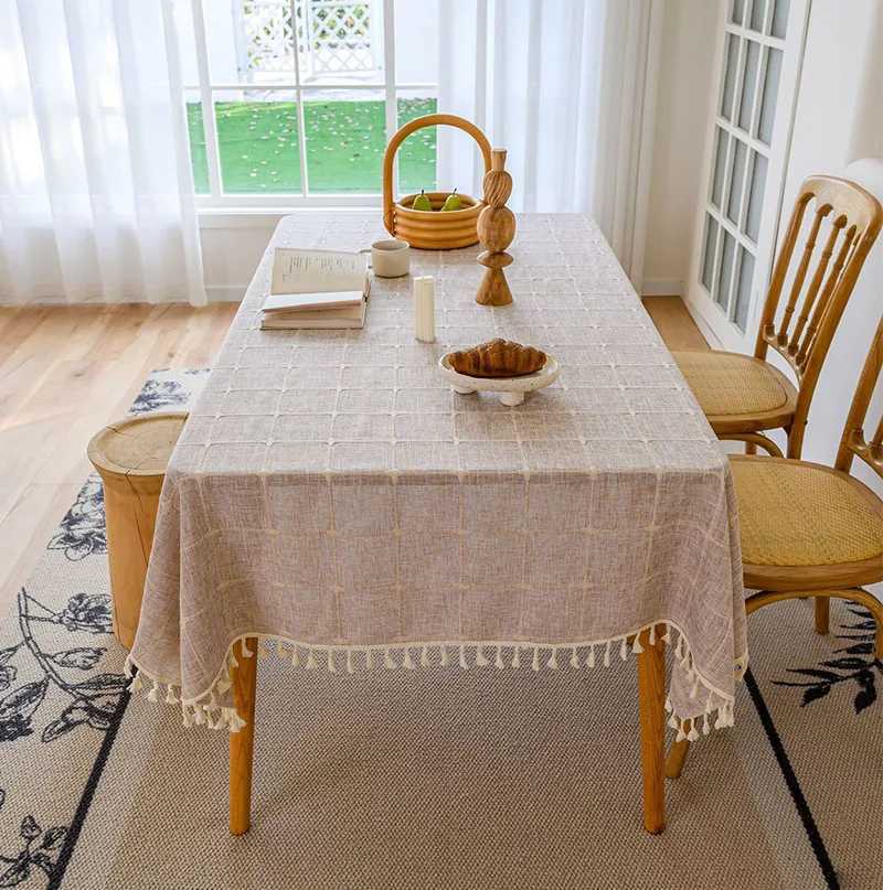 Cotton Linen Square Embroidery Tassel Tablecloth Dust-Proof Checkered Table Cover for Christmas Kitchen Dinning Tabletop Decor H251211