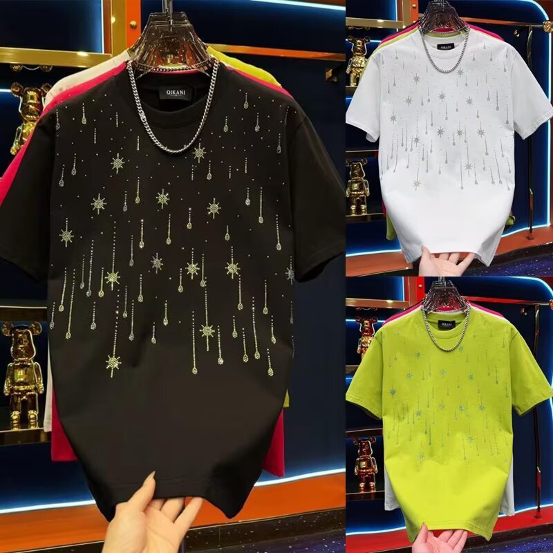 Designer Luxury Clothing 2025 Spring New Heavy Craft Light Luxury High-end Short Sleeve T-shirt Men's Top Meteor Full Diamond T-shirt Men's 