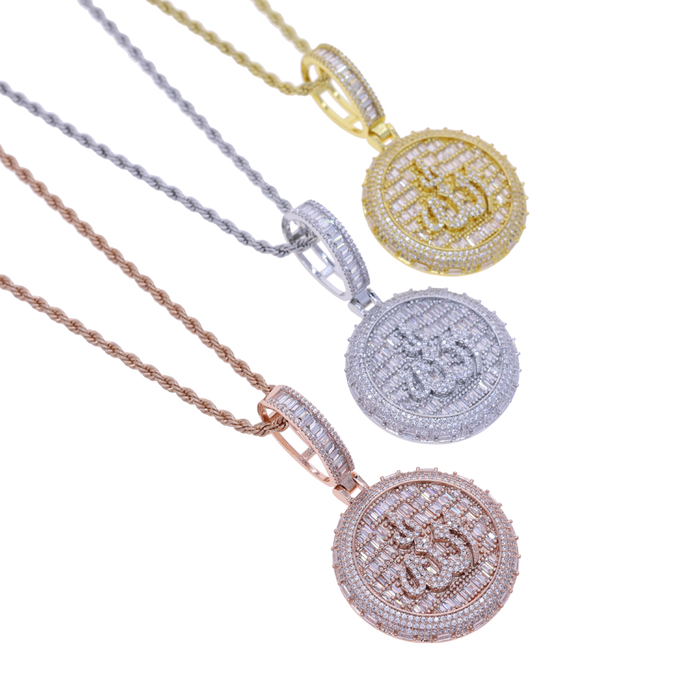 New Iced Out Bling Muslims Allah Pendant Necklace Silver Color Pave Zircon CZ Letter Charm Bling Men Hip Hop Jewelry