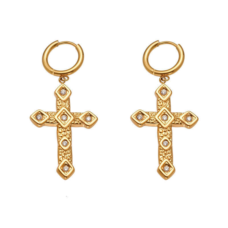 High-Quality 18K Gold Plated Stainless Steel Cross Dangle Earrings with Cubic Zirconia: Classic Style, Affordable Women's Daily Wear, Ideal Chris