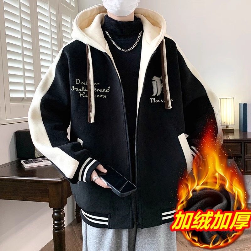 Men's Plus Size Loose Baseball Jacket: Trendy, Stylish, Fleece-Lined, Warm Autumn/Winter Casual Outerwear/Top