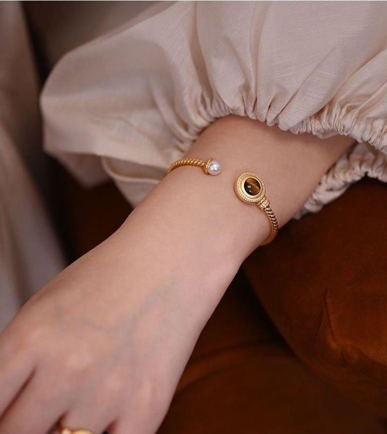 24K Real Gold Plated Tiger Eye Stone Pearl Geometric Open Vintage Fashion Bracelet Light Luxury High-end Jewelry