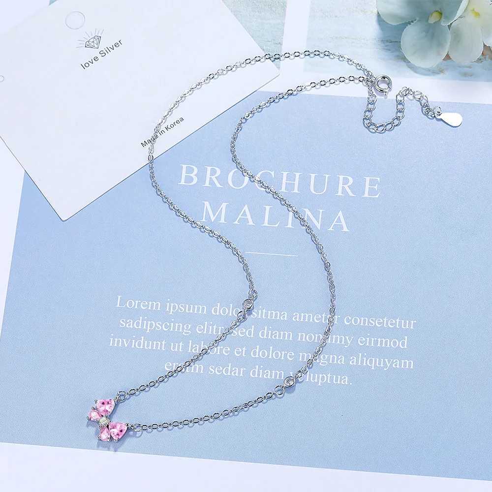 925 Sterling Silver Sweet and Versatile Pink Bow Shape Zircon Necklace Anniversary Birthday Wedding Party Gift M251211