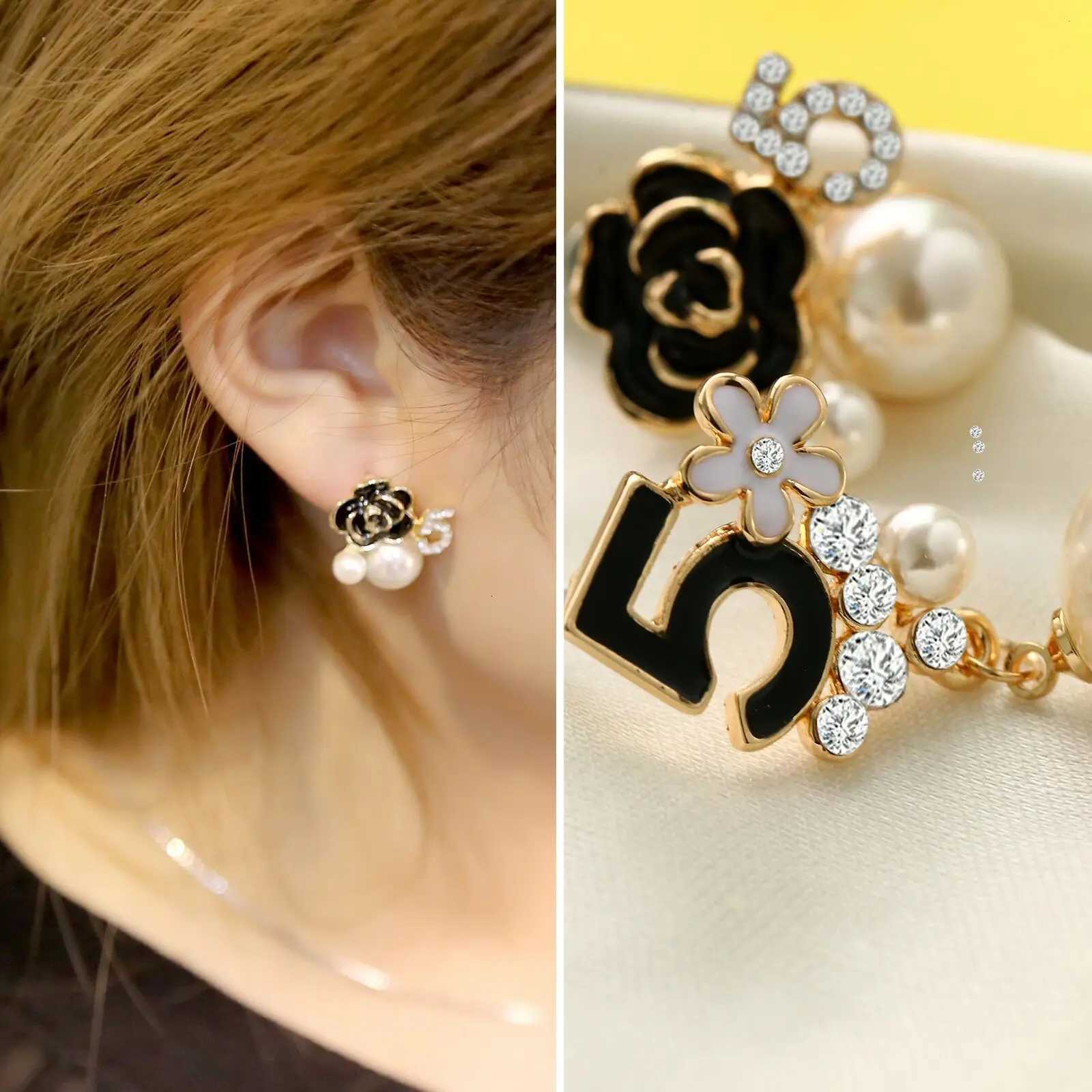 black rose pearl number 5 wer earrings enamel fashion lia studs Y251210