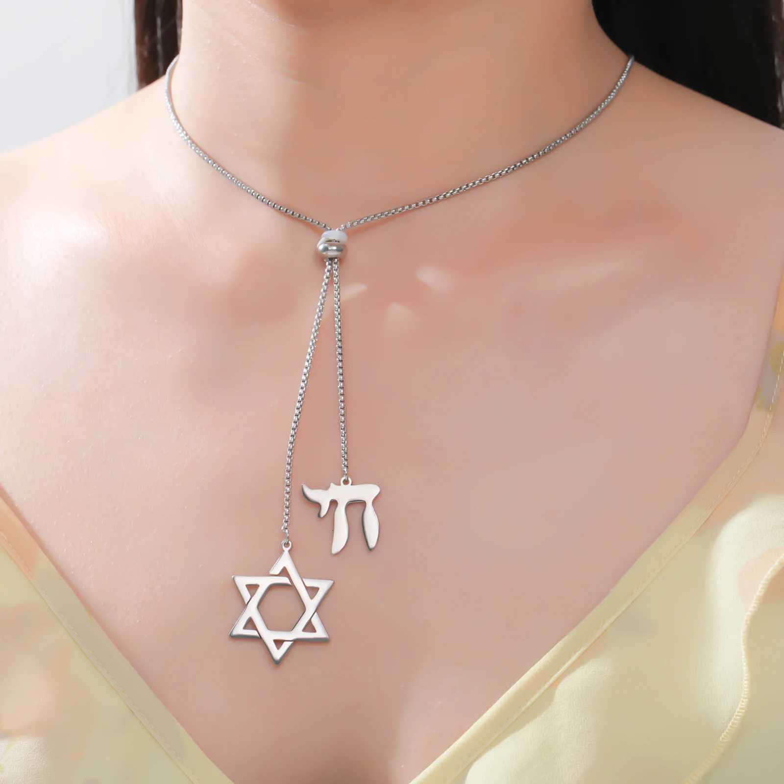 Lucktune Star Of David Charm Necklace Stainless Steel Snake Chain Hebrew Letter Pendant Necklace Religious Amulet Jewelry Gift M251211