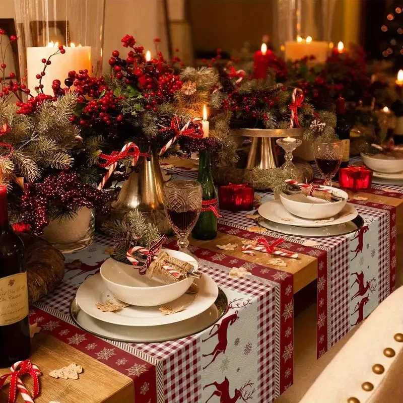Christmas Table Runner Red Reindeer Snowflake Plaid Pattern ic Holiday Decor for Kitchen Dining Room Party H251211
