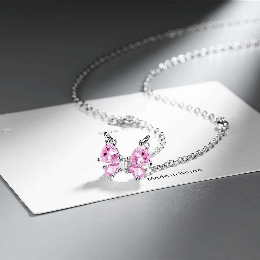 925 Sterling Silver Sweet and Versatile Pink Bow Shape Zircon Necklace Anniversary Birthday Wedding Party Gift M251211
