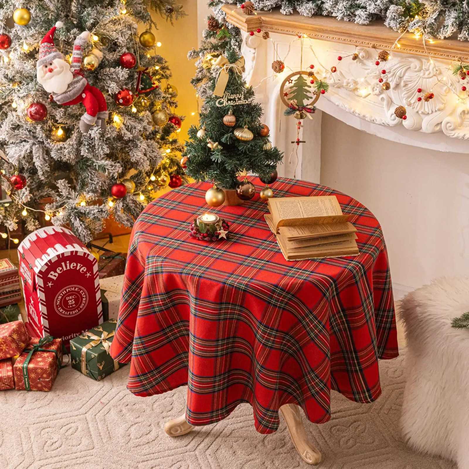 Round Christmas Tablecloth- Red Plaid Christmas Table Cloth Xmas Tablecloths for Dining Table Party Kitchen Decor H251211