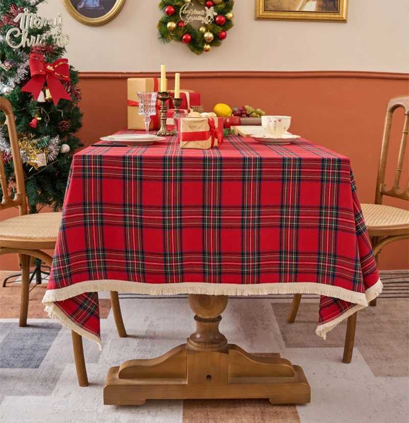 Christmas Plaid Tablecloth Winter Holiday Tassel Tablecloth Decor for Rectangle Tables Parties Dining Farmhouse Kitchen Decor H251211