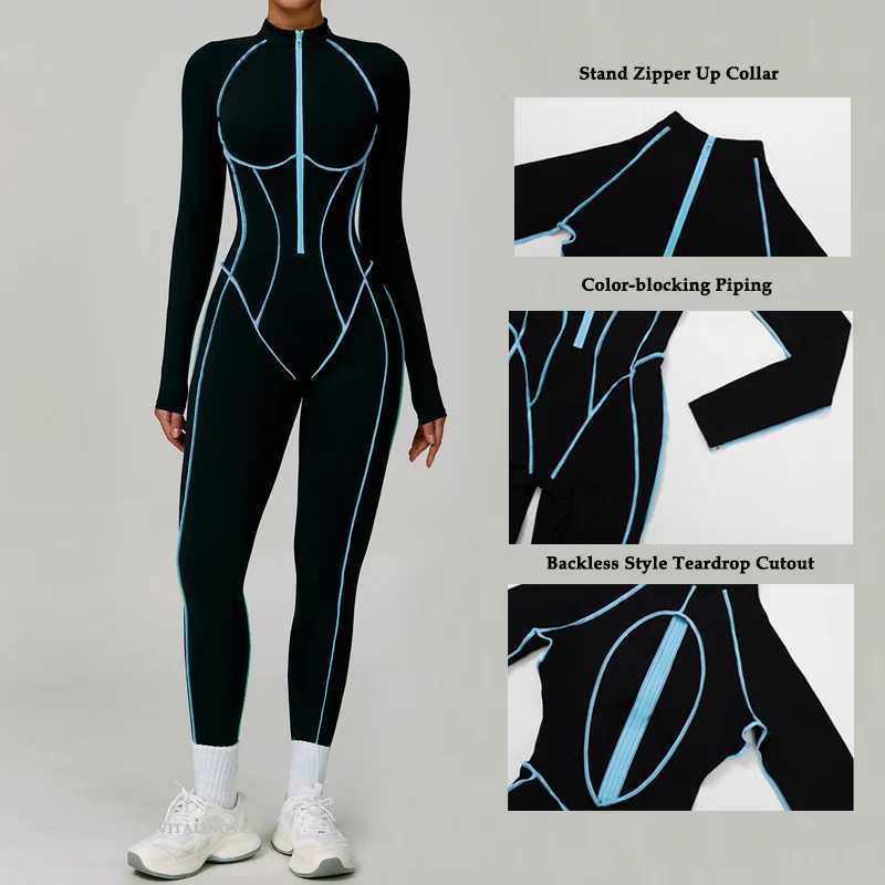 VITALINOVO Women Long Sleeve Workout Jumpsuit Zip Up Romper Bottom Pants Built-in Bra Bodysuit Bodycon Sexy One Piece ColorblockT251211