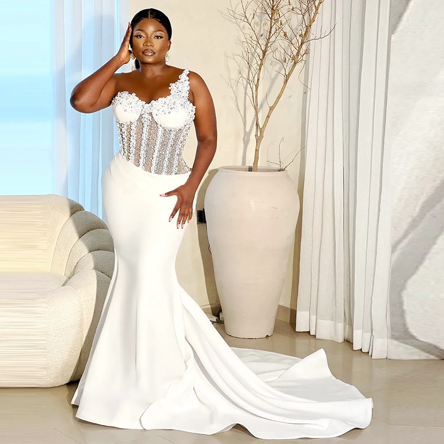Aso Ebi White Women Formal Evening Dress 2026 Sheer O-neck Pearls Beads Satin Mermaid Prom Birthday Party Gowns African Robe De Soriee BC1204