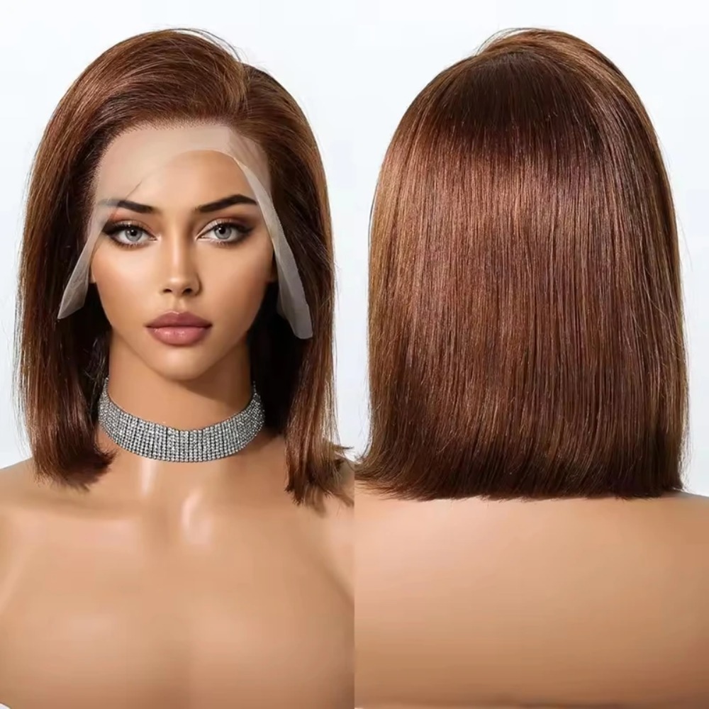 Brown Straight Short Bob Human Hair Wig 13x4 HD Transparent Lace Frontal Wigs 360 Full Lace Glueless Brazilian Hair Wig For Black Women 14 16 Inch