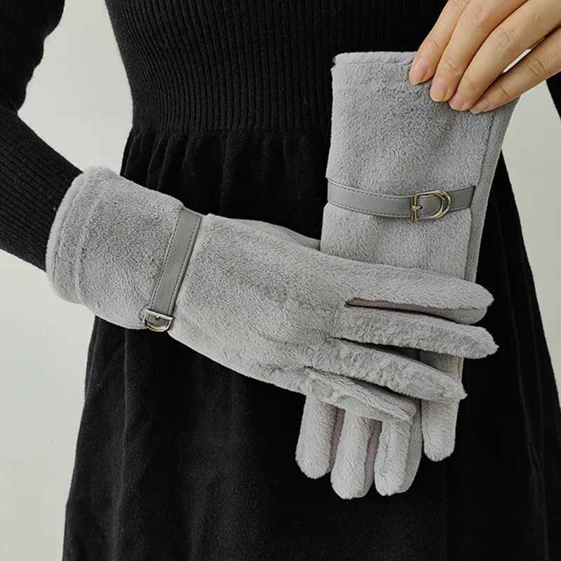 Fashion Elegant Suede Touch Screen Keep Warm Winter Women Gloves Imitate Rabbit Fur Soft Windproof Leather Buckle Soft Y251211