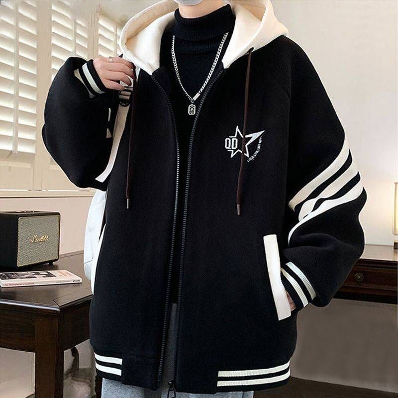 Teenager Men's Fleece-Lined Baseball Jacket: Loose Plus Size, Hooded Outerwear, Trendy Brand, Autumn/Winter Warm Coat