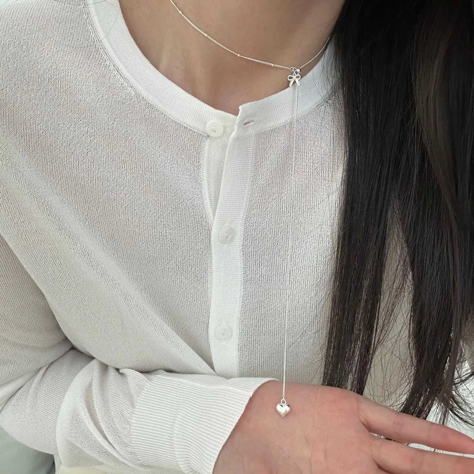 925 Sterling Silver Necklace Adjustable Bowtie Ribbon Heart Pendant Choker for Women Girl Jewelry Gift Dropshipping Wholesale M251211