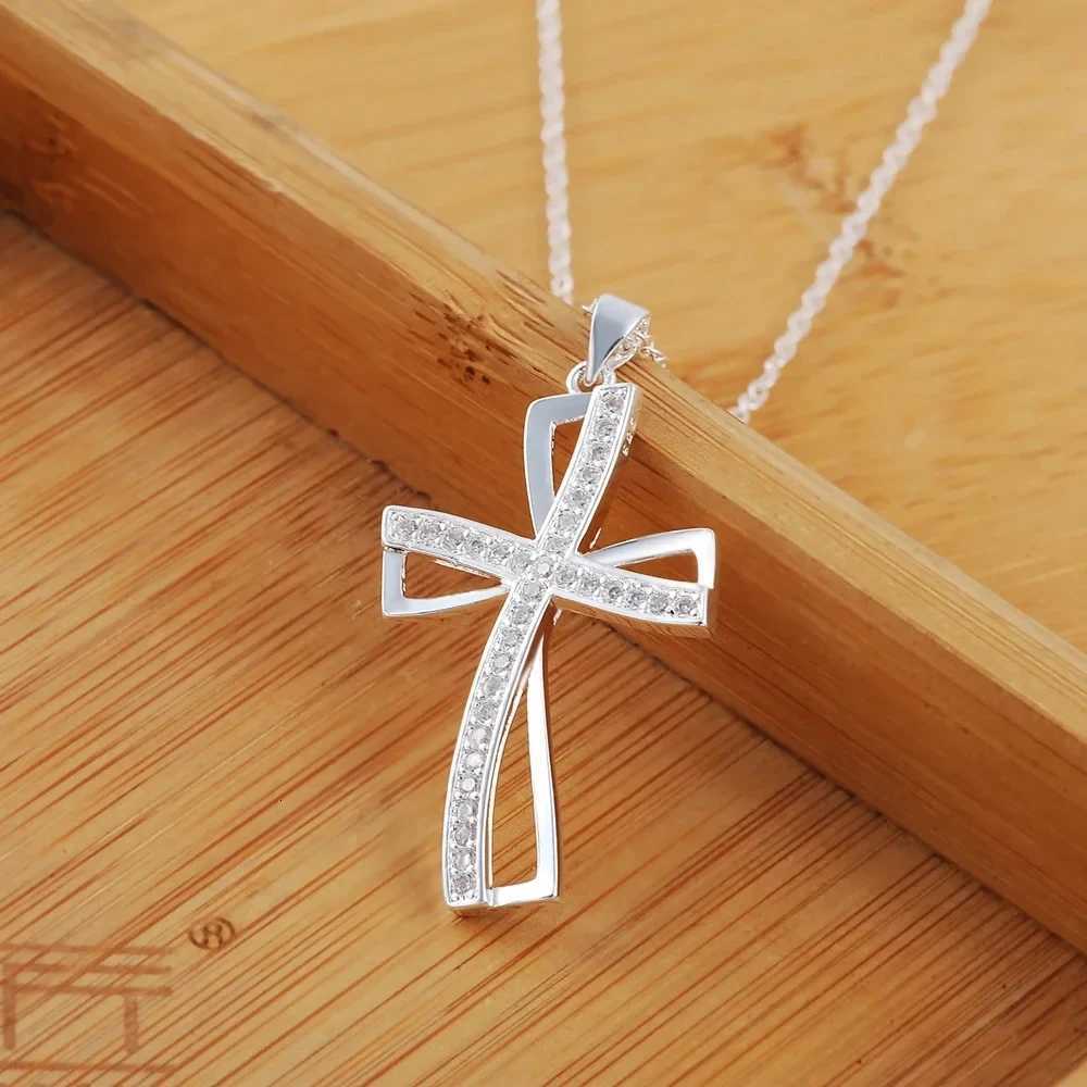 Promotions 45cm 925 sterling silver necklace charm for women cyrstal Cross pendant chain jewelry fashion cute wedding party M251211
