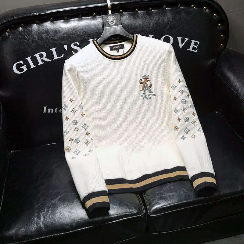 High-End Men's Sweatshirt With Letter Embroidery Rhinestones, Fashionable Long-Sleeve T-Shirt, Spring And Autumn Versatile Base Shirt, Youth Top