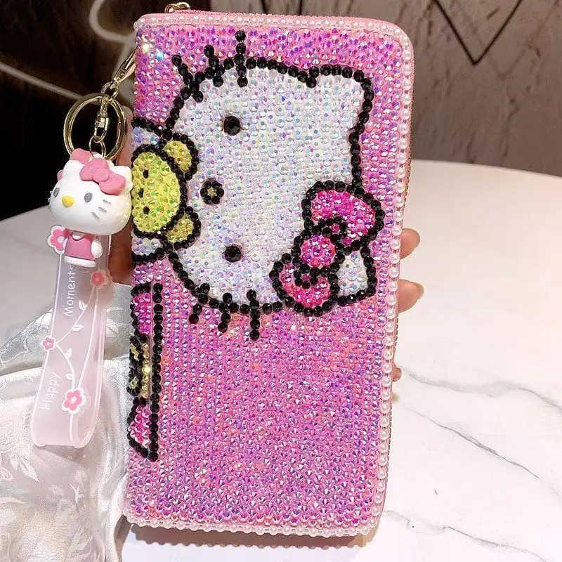 Sanrio Kawaii Hello Kitty Wallet Rhinestone Card Bag Anime Cartoon Heart Long Zipper Coin Wallet Student Mobile Bags Women Gifts H251211
