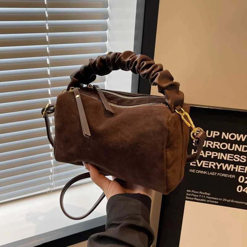 Vintage Handbag with Ruched Handle Faux Suede Chic Crossbody Bags Minimalist Design Perfect for Daily Casual Outings Y251211