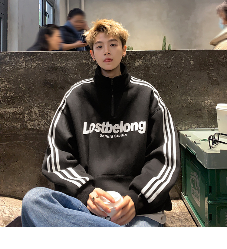 Men's Teenager Fleece-Lined & Thickened Half-Zip Stand Collar Sweatshirt: American Style, No Hood, for Junior & Senior High School Students, Tren