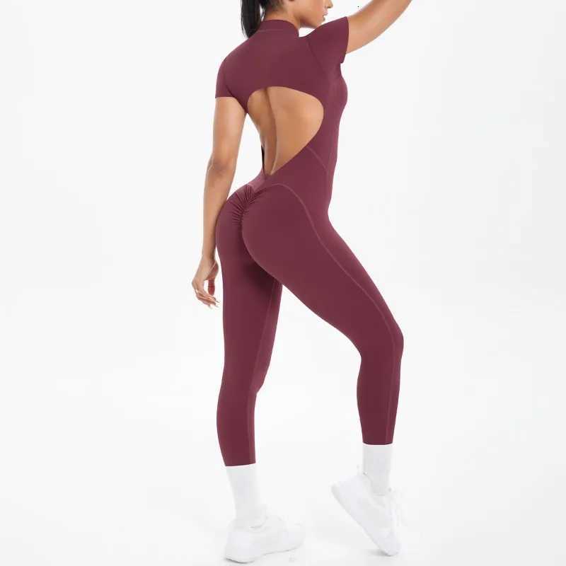 New Womens Yoga Jumpsuit Front Zipper Tight Back Hollow Out Short Sleeve-pants Fitness Running Gym Workout SuitT251211