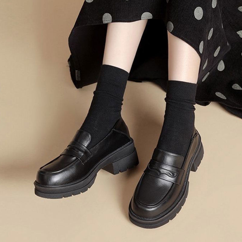 Spring/Autumn Women Shoes Split Leather Round Toe Chunky Heel Shoes Casual Slip-on Platform Shoes Women Loafers Black Pumps free shipping