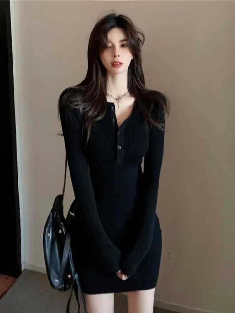 Autumn Winter Mini Dress Women V Neck Button Sexy Sweater Elegant Bodycon Dresses Long Sleeve Robe Short Skirt Waist Solid M260311