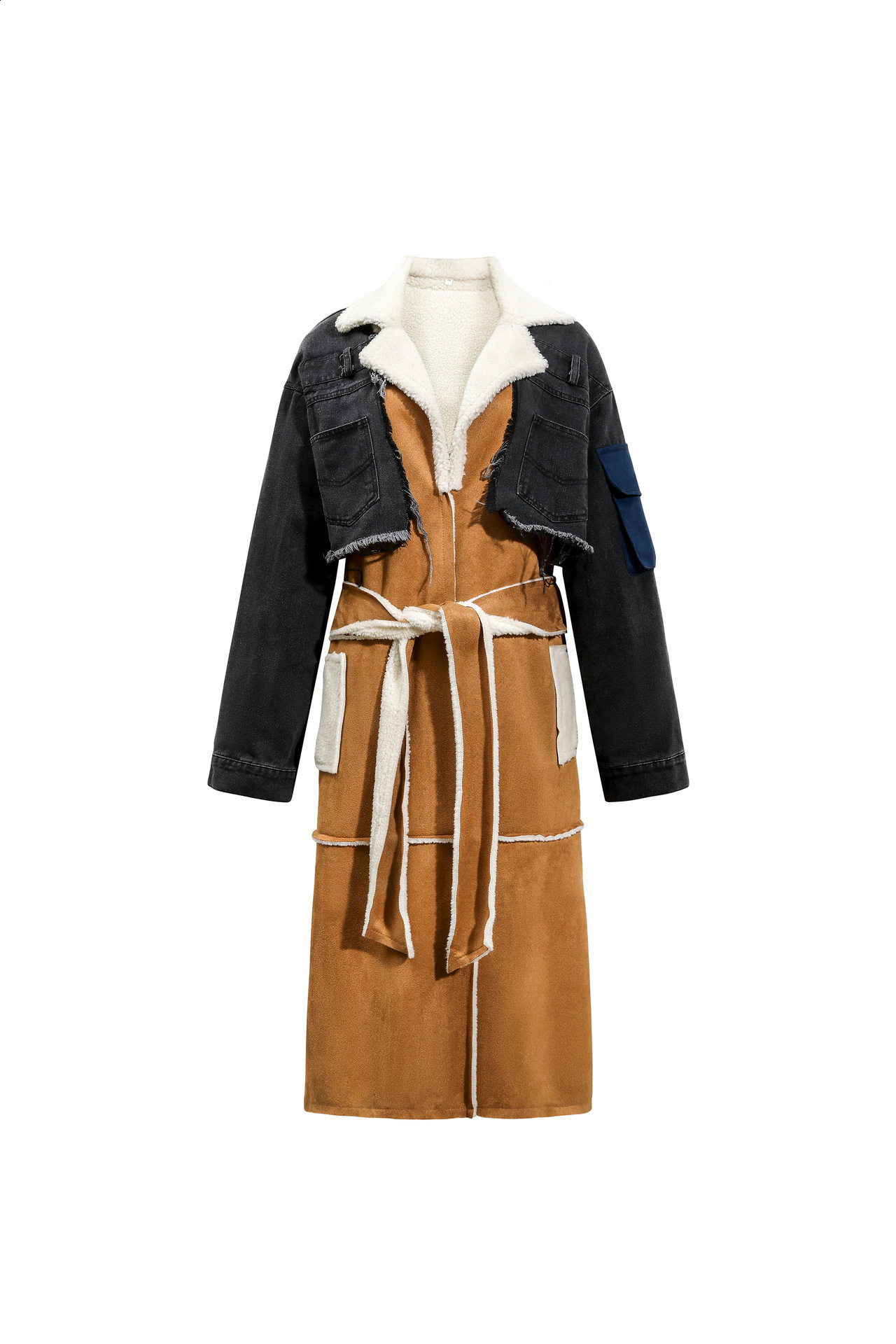 Winter Womens Jackets Turn-down Collar Temperament Patchwork Denim Long Sleeve Overcoat Woolen Coat Female 7C222 240927