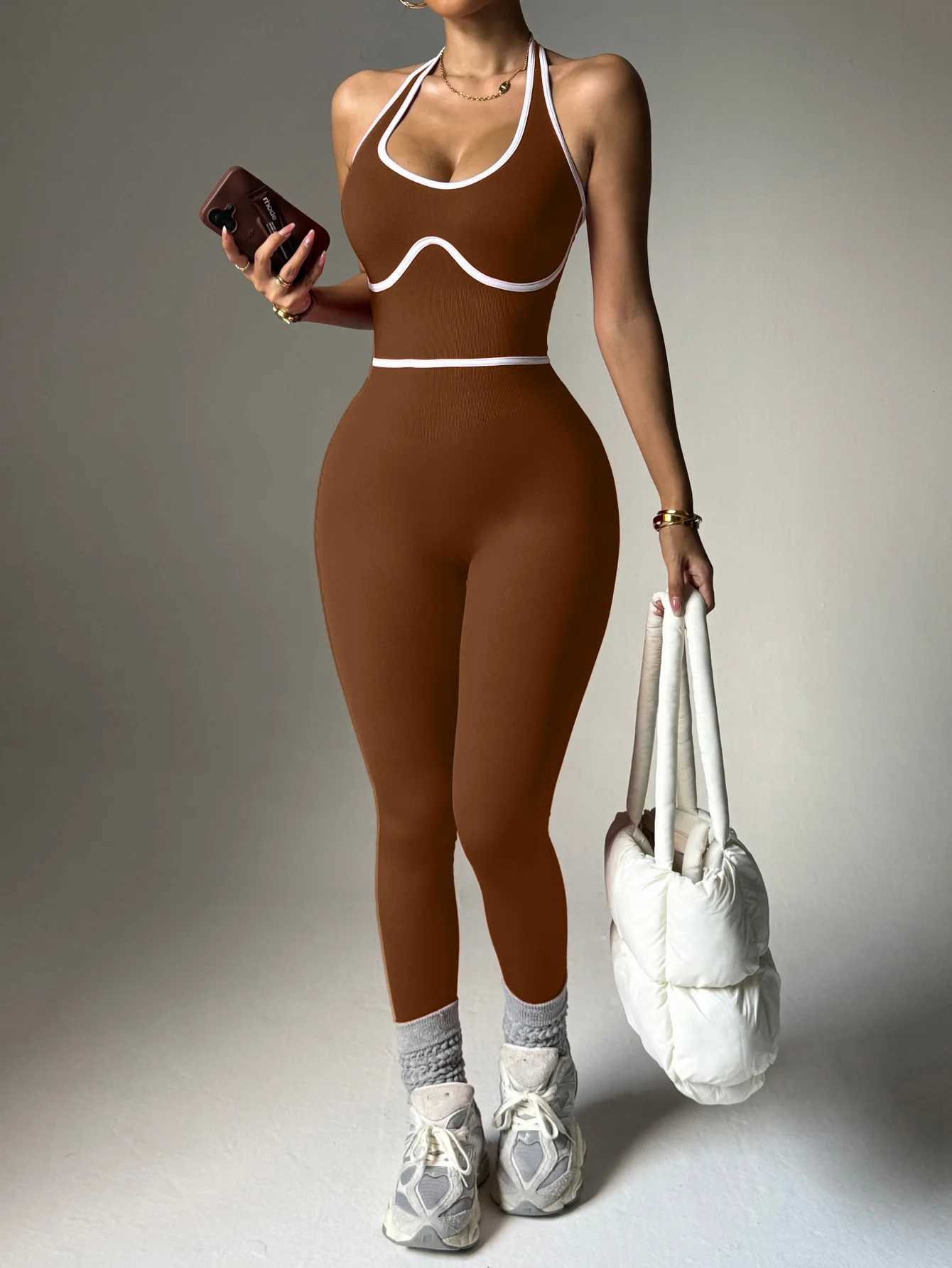 Sports yoga wear sleeveless one-piece suit womens color-blocking one-piece yoga long pants set fitness wearT251211