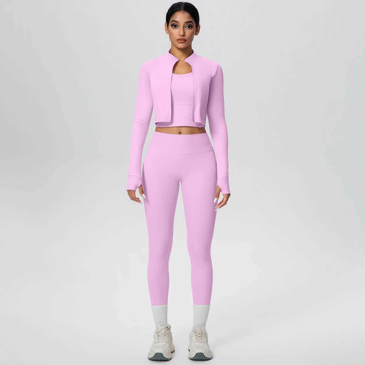 3Pieces Skin-friendly Solid Color Yoga Three Piece Set Zipper Long Sleeves Yoga Workout Top High Stretch Women Leggings Yoga SetT251211